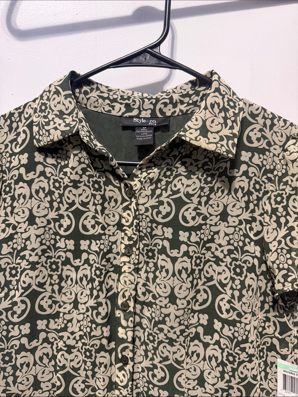 Style & Co. Olive Green and Cream Floral-Scroll Short-Sleeve Button-Up